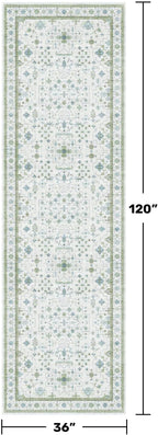Oushak 3x10 Wide Hallway Runner Rug - Vintage Turkish Floral, Washable Low Pile Non Slip 10ft Long Runners for Kitchen, Hall Way - Light Blue and Green