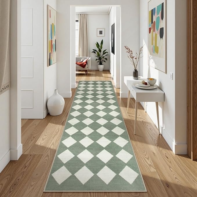 Lahome Checkered Washable 2x8 Green Runners for Hallways Non Slip, Ultra-Thin Kitchen Bathroom Runner Rugs, Moroccan Trellis Throw Carpet Runner for Bedroom Entryway Decor (2'x8',Green)