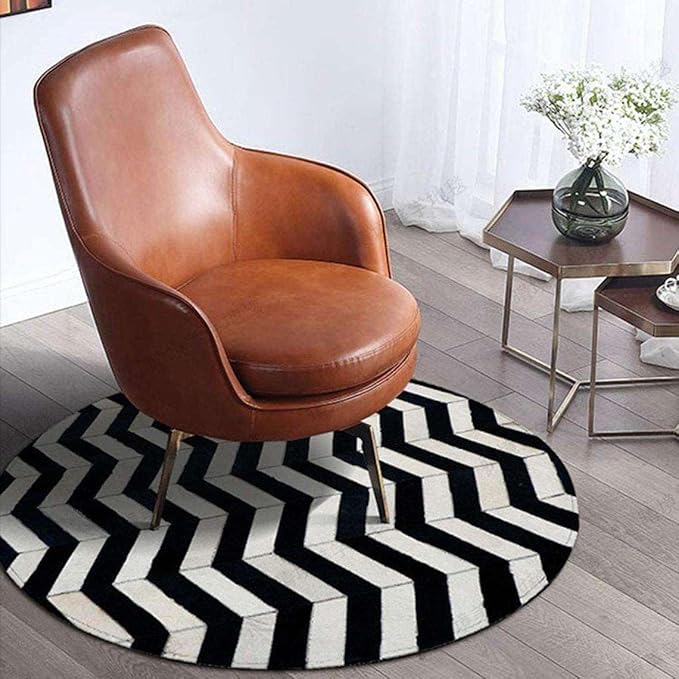 Round Cowhide Faux Leather Area Rug 10×10 ft – Black & White Modern Luxury Chevron Pattern Low Pile Carpet with Non-Slip Wool Backing, Soft Durable Living Room, Bedroom & Lounge Accent Rug