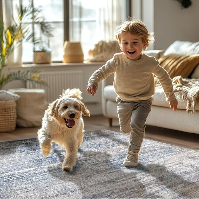 Bavni 8x10 Area Rugs, Abstract Modern Living Room Rugs, Large Machine Washable Rug Non-Slip, Soft Pet Friendly Rugs for Bedroom, Playroom, Dining Room, Blue/Light Grey