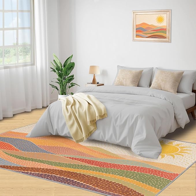 Boho Sun Area Rugs 3x5ft, Mosaic Sunburst Boys Rugs for Bedroom, Dotted Gradient Hills Kids Room Rug Soft Fuzzy Washable for Living Room Game Room Coffee Table