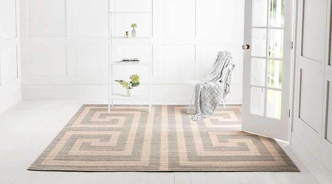 Unique Loom Athens Collection Classic Geometric Modern Border Design Area Rug (8' 0 x 8' 0 Square, Gray/ Beige)