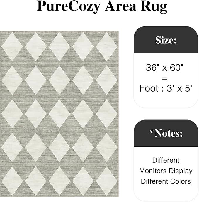 3x5 Checkered Area Rug Grey Machine Washable Small Rug Non-Slip Stain Resistant Low Pile Boho Accent Indoor Throw Carpet for Entryway Office Bedroom Dining Living Room