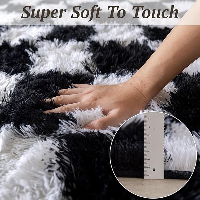 6x9 Area Rugs for Living Room Bedroom, Soft Fluffy Shaggy Bedside Rug, Indoor Floor Carpet for Kids Playroom, Dorms, Nursery Rooms, Home Decor (Black & White 6'x9')