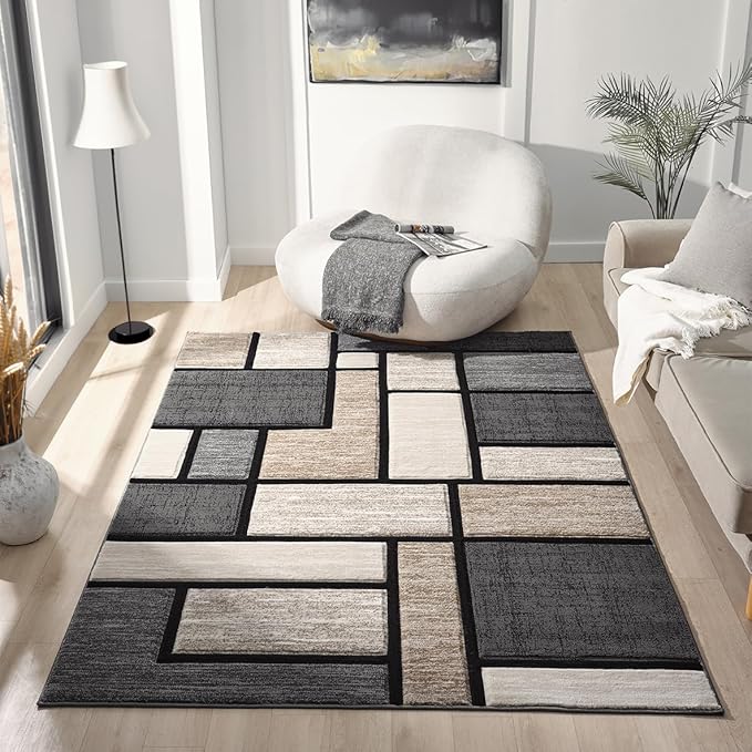 Geometric Area Rug - 4x5 Decorative Home & Office Rug - Indoor Carpet for Living Room, Bedroom, Family or Dining Room - Non-Fading Polyester Material, Stain-Proof - Beige Sand