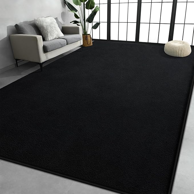 Large Area Rugs for Living Room Bedroom, 4x6 Feet Black Rug, Minimalist Modern Shag Rug, Soft Thick Comfy Memory Foam Indoor Carpet, Non-Slip Washable Rug for Boys Girls Dorm Nursery Room Home Decor