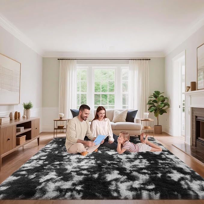 Area Rugs 9x12 Living Room, Fluffy Large Rugs for Bedroom, Soft Shag Fuzzy Non-Slip Carpet for Kids Boys and Girls Nursery Room Dorm Indoor Home Decor (Black and White, 9ft x 12ft)