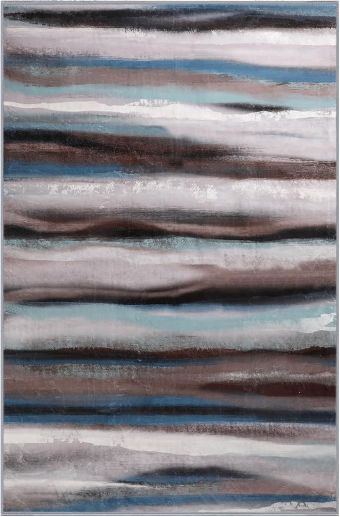 Abstract 8x10 Area Rug, Modern Stripe Rugs for Living Room, Washable Soft Large Non-Slip Floor Carpet for Dining Room Office Bedroom Farmhouse Decor - Blue/Brown/Multi