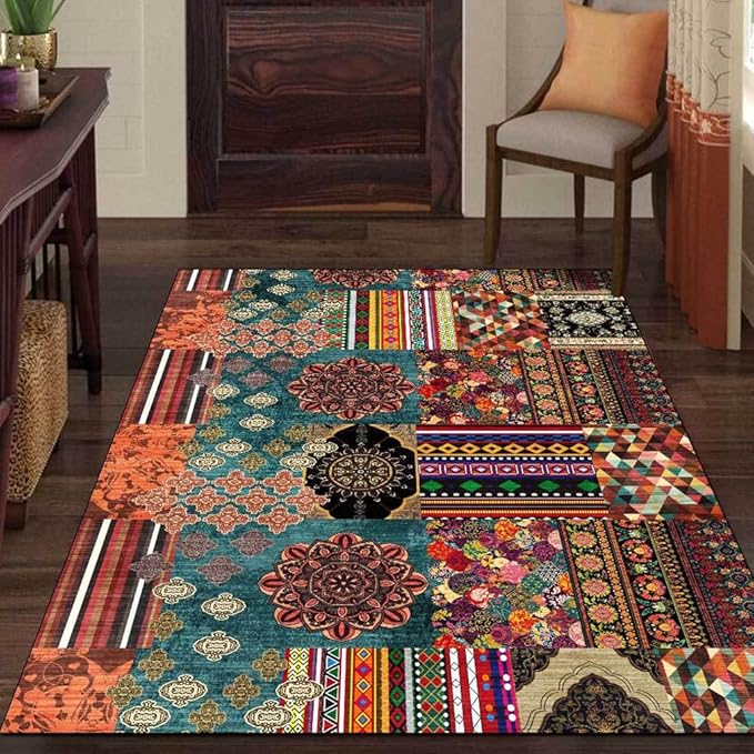 Vintage Boho Area Rugs Multicolor Ethnic Style Geometric Splicing Carpets Bedroom Living Room Kitchen Floor Mats Indoor Outdoor Non-Shedding Runner Rug Home Décor Carpet 3' X 9'