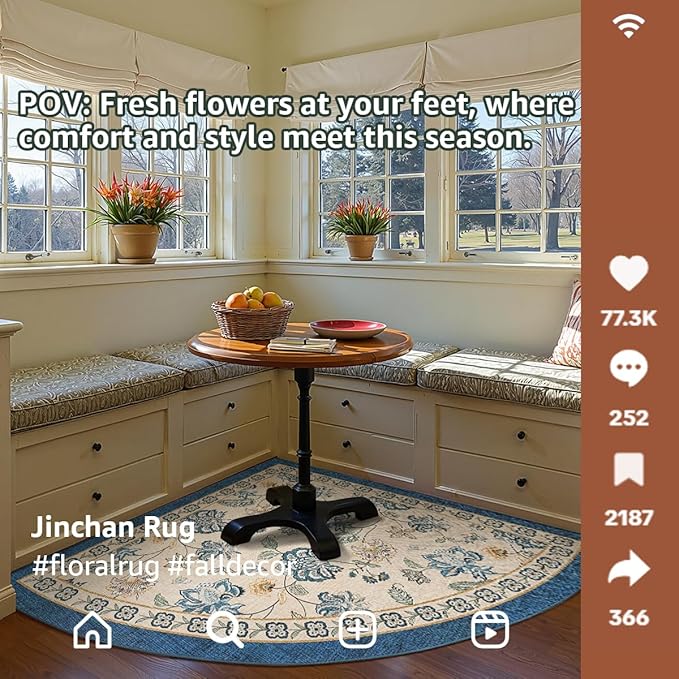 jinchan Elora Floral Corner Rug for Washable Nursery Rug Vintage Romance Design Non Slip Quarter Circle Lightweight Low-Pile Throw Carpet for Playroom Reading Nook Office, 5ft Radius, Blue/Beige