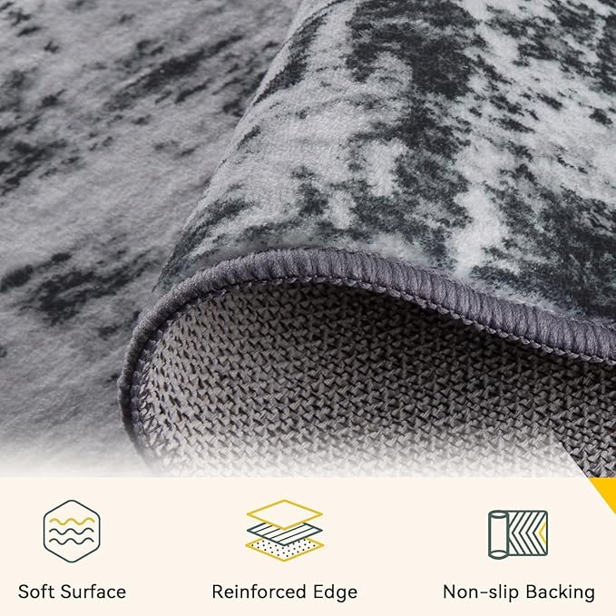 Washable Area Rugs 4'x5' Non-Slip Modern Abstract Soft for Living Room Entryway Bedroom Nursery, Print Pattern, Black Gray