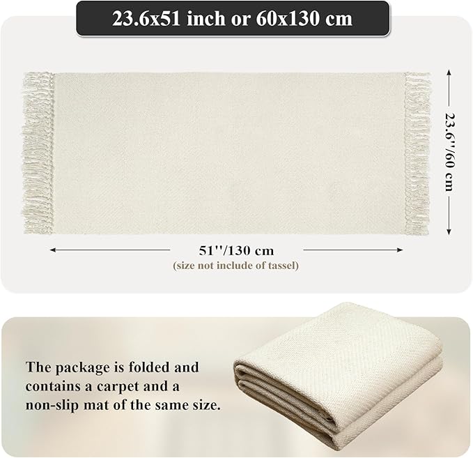Collive Kitchen Runner Rug 2' x 4.3' ft, Washable Bathroom Rugs Non Slip Hand Woven Reversible Rug for Entryway, Modern Farmhouse Bedroom Carpet for Hallway Front Door Decor, White/Beige