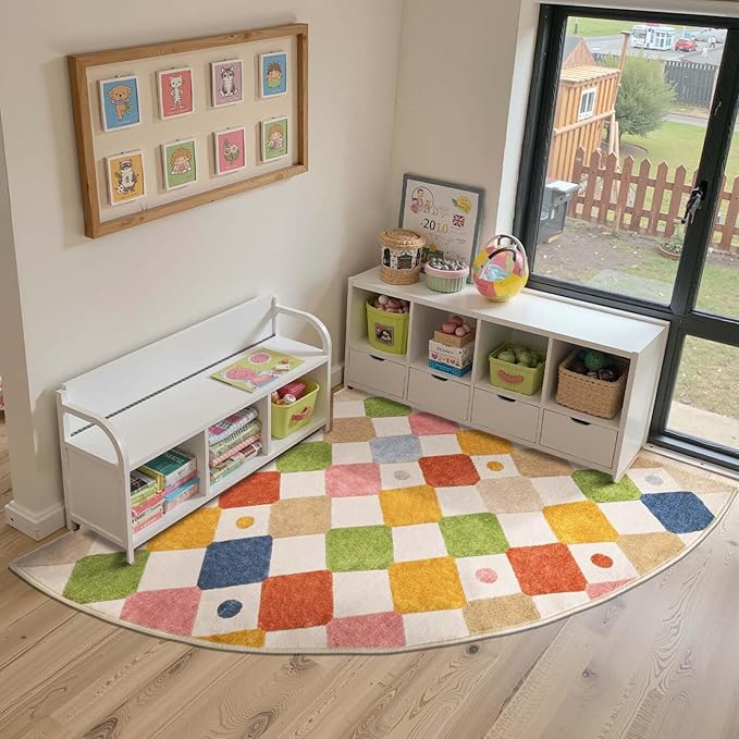 jinchan Macy Kids Rug for Nursery 6ft Radius Corner Washable Area Rug Modern Colorful Quarter Circle Rug Soft Non-Slip Carpet for Bedroom Playroom Daycare Reading Nook Classroom Circus on Cream
