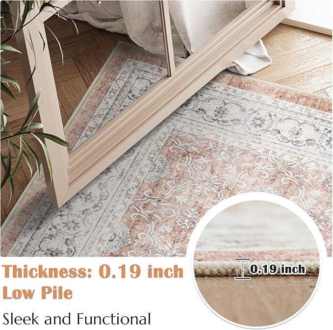 jinchan Floral 3x5 Area Rugs for Entryway - Orange Vintage Distressed Design Doormat Non-Slip Ultra-Thin Low Pile Boho Rug for Kitchen Living Room Bedroom Farmhouse (3‘x5', Orange)