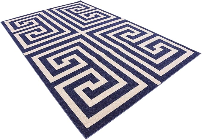 Unique Loom Athens Collection Classic Geometric Modern Border Design Area Rug (6' 0 x 9' 0 Rectangular, Navy Blue/ Beige)
