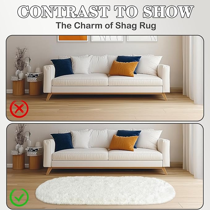 Soft Fluffy Area Rug for Bedroom, Cream White Fuzzy Shaggy Oval Throw Rugs for Bedside, Non-Slip Cozy Plush Shag Carpet for Kids Room Nursery Dorm Living Room, 2.6 x 5.3 Feet