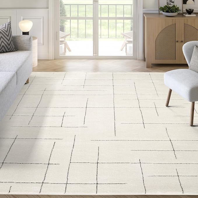 Abani Cream Area Rug – 6' x 9' – Oliver Collection – Striped Pattern – Non-Shedding, Easy to Clean – Durable for Living Room, Bedroom, or Office, Pet & Child Friendly