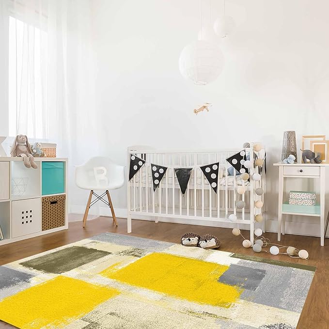 Yellow Rectangular Area Rugs for Living Room Bedroom 2.8 x 5 ft Abstract Paint Texture Modern Art Non-Shedding Soft Low Pile Rug Non Slip Washable Rug for Nursery Entryway Playroom