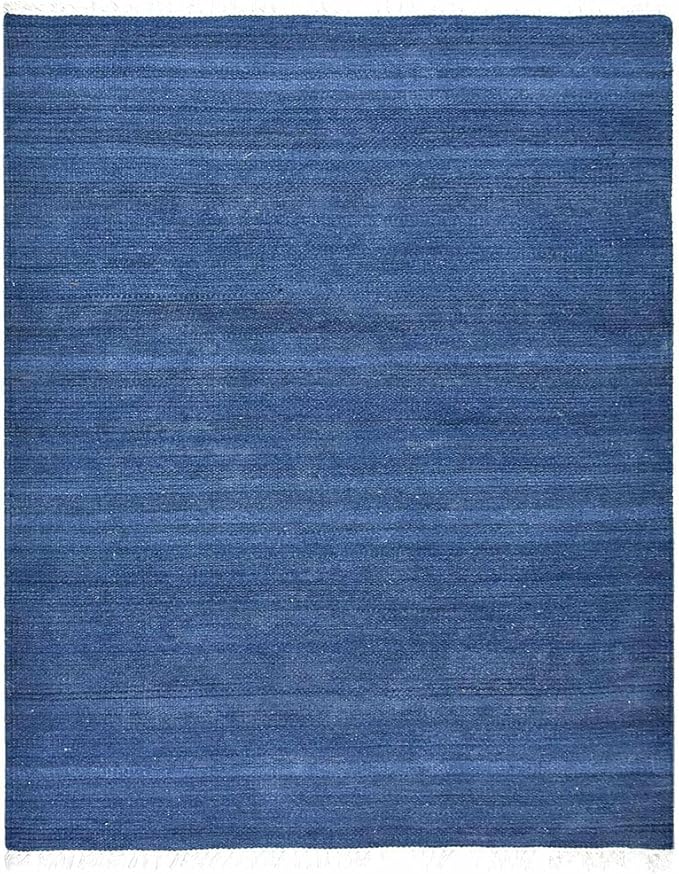 Rugsotic Carpets Hand Woven Flat Weave Kilim Wool ECO-Friendly Area Rugs - 8'x10', Rectangle Shape, Blue Color, Solid Plain Design, Low Pile Handmade Area Rugs for Living Room, Bed Room (D00111)