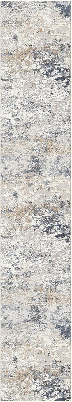 Washable Runner Rug for Hallway: 2.6x14 Neutral Modern Abstract Low Pile Area Rug with Non-Slip Backing - Carpet for Bedroom Kitchen Laundry Entryway Bathroom Indoor - Beige Blue