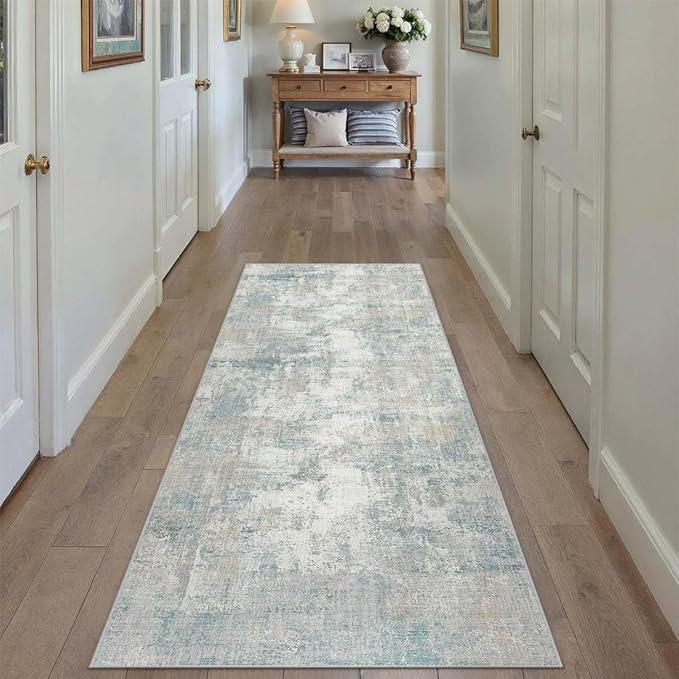2x6 Washable Runner Rug Blue Cream Abstract Hallway Kitchen Throw Rug Neutral Modern Non Slip Soft Low Pile Lightweight Carpet for Bathroom Laundry Bedroom Living Room