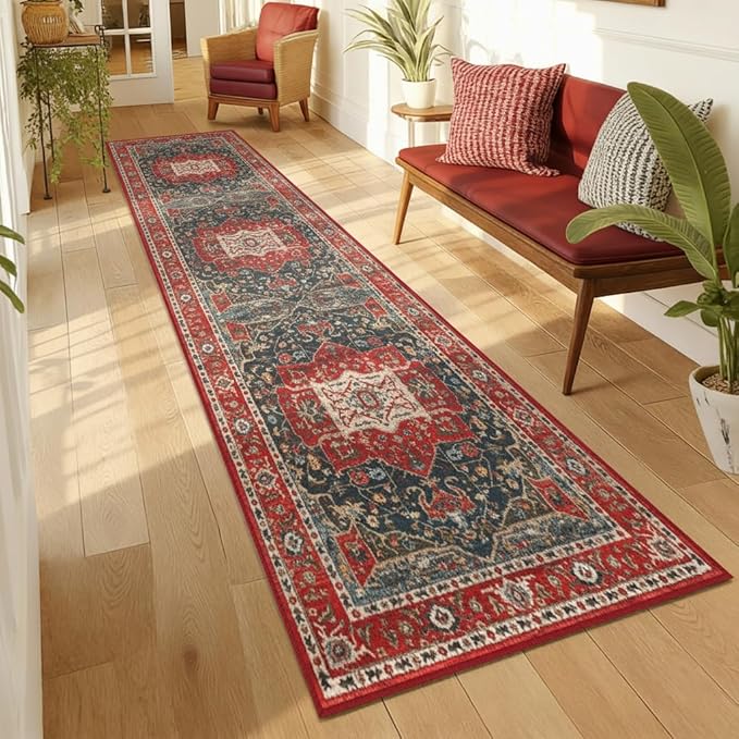 Enkor Runner Rugs for Hallway, 2x8 Washable Soft Boho Non Slip Floor Rugs for Kitchen, Modern Mat for Living Room Bedroom Entryway Red & Blue