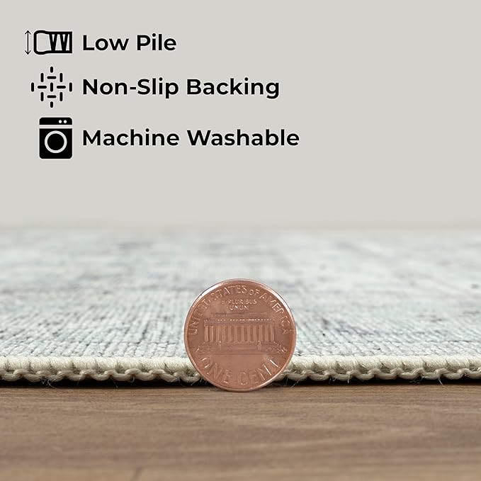 GLN Rugs Traditional Collection - Machine Washable Area Rug, Traditional Washable, Non Slip, Low Pile Chenille Rug, Living Room, Bedroom, Kitchen Rug (2'6" x 10' Cream/Gray/Sea Salt)