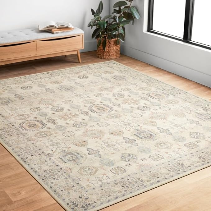 Loloi Hathaway Collection HTH-04 Beige/Multi 2'-0" x 5'-0", .25" Thick Accent Rug, Soft, Durable, Printed, Modern, Low Pile, Non-Shedding, Easy Clean, Living Room Rug
