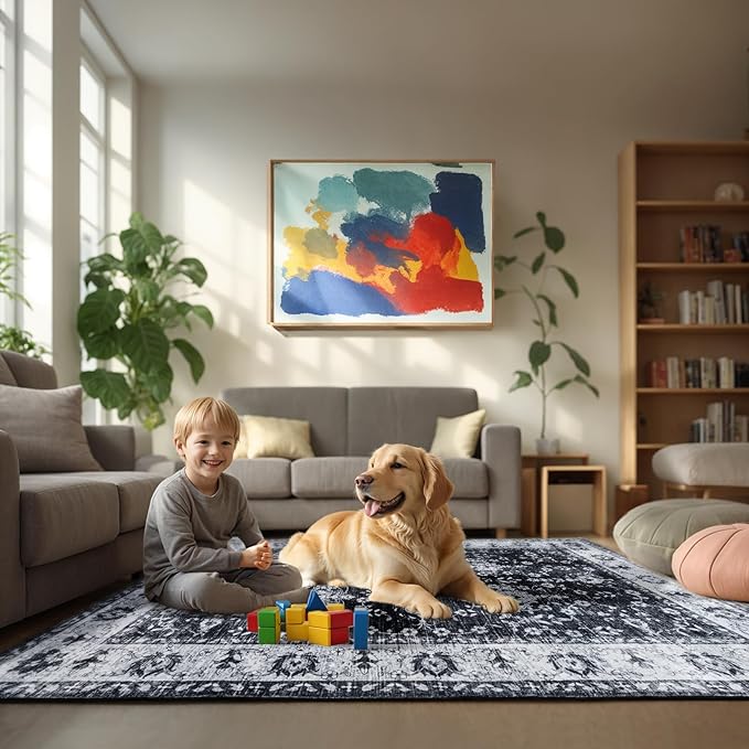 4x6 Washable Area Rug – Black and Ivory Vintage Carpet with Charcoal Border, Floral Scroll and Geometric Pattern, Boho Non-Slip Indoor Rug for Living Room, Bedroom, Dining Room, Entryway