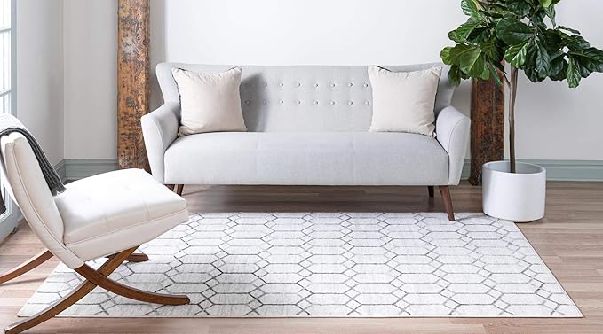 Rugs.com Lattice Trellis Collection Rug – 7' x 10' White Low-Pile Rug Perfect for Living Rooms, Large Dining Rooms, Open Floorplans