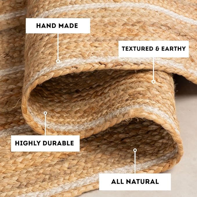 HOMEMONDE Natural Braided Jute Area Rug - 8'x10' Off White Stripe Eco Friendly Premium Fiber - Durable and Reversible Boho Farmhouse Decor Rugs for Living Room, Bedroom, Dinning Room, Kitchen, Office