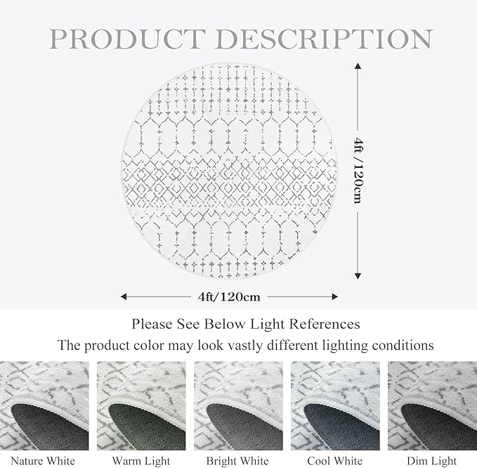 Lahome Moroccan Round Rugs 4Ft Washable Non-Slip Small Round Area Rug for Bedroom Soft White Low-Pile Round Throw Rug, Modern Geometric Print Indoor Circle Rugs for Kitchen Living Room Sofa Nursery