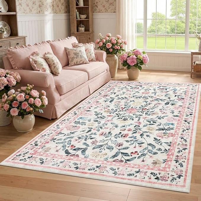 5x7 Washable Non-Slip Rug, Vintage Floral Area Rug for Living Room, Low Pile Farmhouse Distressed Carpet for Nursery Playroom Dorm Teens Office, Pink