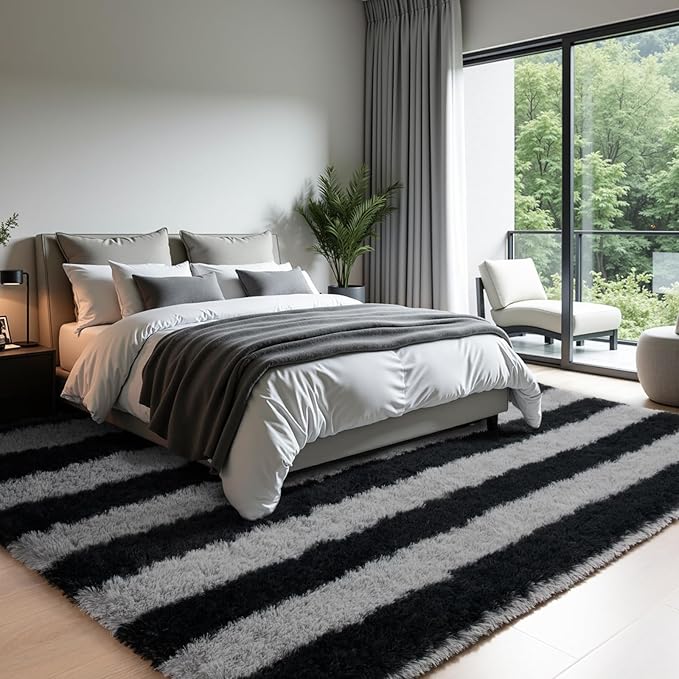 Zentavio Area Rugs for Living Room Large Rugs for Bedroom 6x9 Carpet Fluffy Fuzzy Soft Shag Aesthetic Plush High Pile Gray Throw Rug for Nursery Kids Room Dorm Horizontal Stripes Black Grey