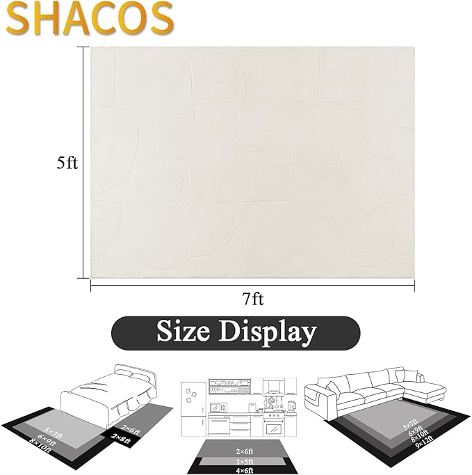 SHACOS Soft Cozy Fluffy Abstract Geometric High Low Pile Area Rugs 5'x7' Non Slip Washable Scandinavian Minimalist Rug Modern Carpet for Living Room Bedroom Dining Room, Cream