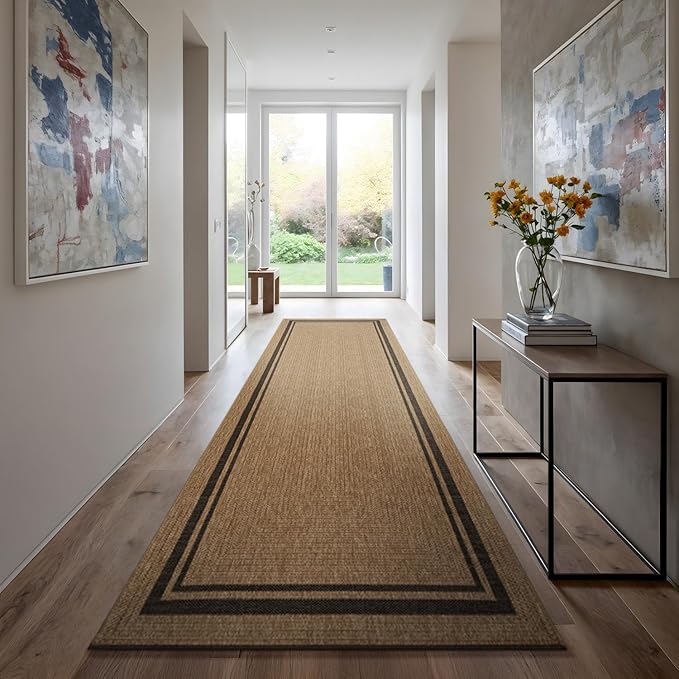 Beverly Rug Easy Jute Bordered Runner Rug 2x7 Washable Durable Indoor Outdoor Area Rugs for Living Dining Room Patio Office Stain Resistant Non Shedding Casual Indoor Outside Carpet 2 x 7 Natural