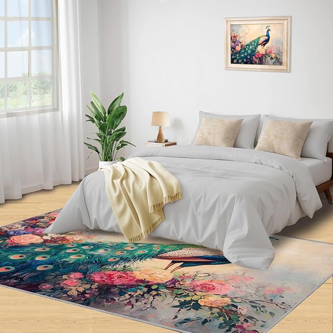 Peacock Peony Rug 5x8-5x8 Rug, Classic Peacock Peony Area Rugs for Bedroom, Teal Turquoise Rugs for Living Room, Peafowl Washable Mat, Malachite Green Feather Carpet - Peafowl Home Decor & Gifts