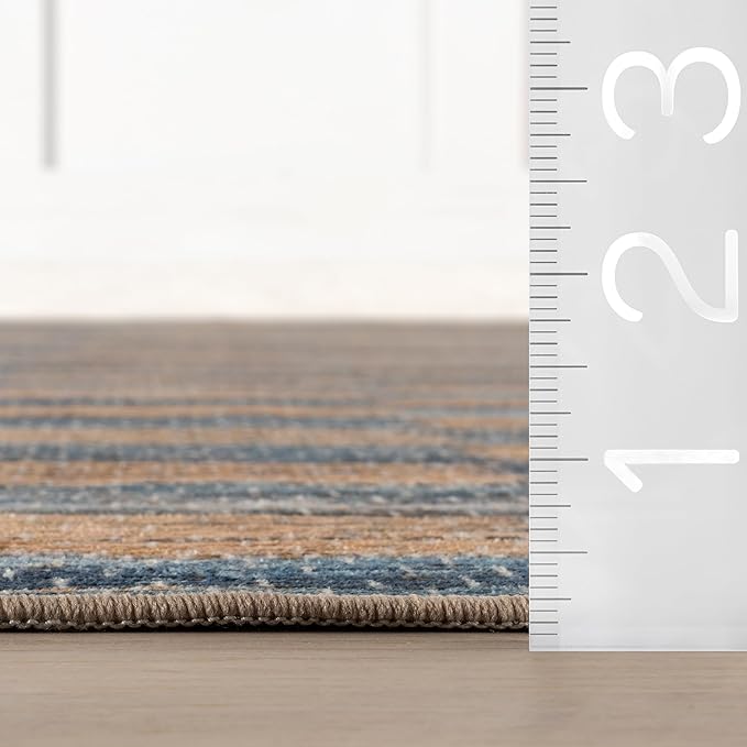 Dash & Albert Ravel Stripe Blue Machine Washable Rug, 7.5 X 9.5 Feet, Tan/Blue Stripe Pattern