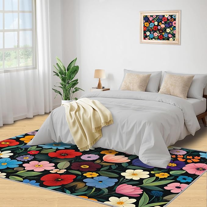 Boho Flowers Rugs for Bedroom - 3x4 Area Rug - Cartoon Flowers Rugs for Living Room, Abstract 3D Floral Rug, Non-Slip Washable Home Decor Carpet