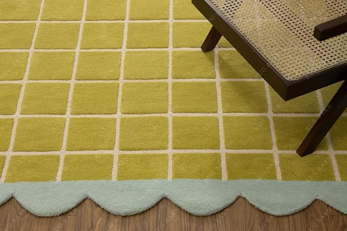 Checkered Wool Area Rug with Scalloped Border, Chartreuse Green & Cream Grid, Hand-Tufted, Soft Cut Pile, Modern Cottagecore Living Room, Bedroom & Nursery Carpet - 1x1 Ft (Sample)