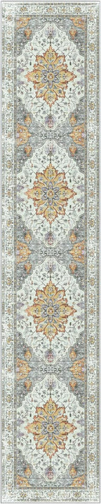 Area Rugs 2'6''x14' Washable Non-Slip, Floral Vintage Distress Print Pattern Medallion Carpet for Living Room Bedroom Dining Room, Light Yellow Carbon Grey Orange
