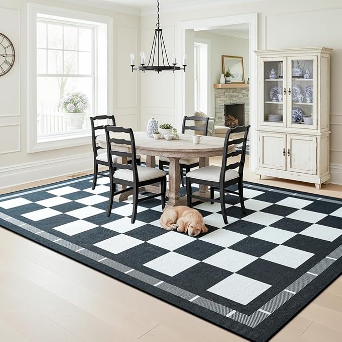 Vasofe Checkered Jute 6x9 Area Rugs, Washable Outdoor Patio Rug for Living Room Entrance Indoor Carpet, Non Slip Farmhouse Neutral Geometric Rugs for Bedroom Dining Room Backyard, Black and White