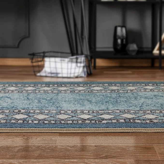 Antep Rugs Alfombras Modern Bordered 2pc Non-Skid (Non-Slip) Low Profile Pile Rubber Backing Indoor Kitchen Runner Rugs (Blue, 2pc Set)