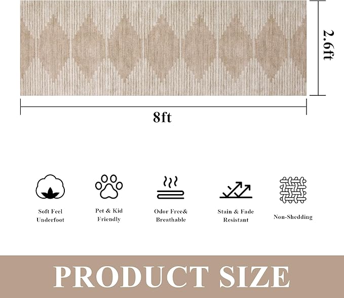 HelloTree Hallway Runner Rug,2.6x8 Moroccan Modern Stripe Carpet Washable Machine Bathroom Runner Bohemian Modern Soft Non Slip Indoor Rug for Entryway Hallway Laundry Room Bedroom-Pink&Khaki