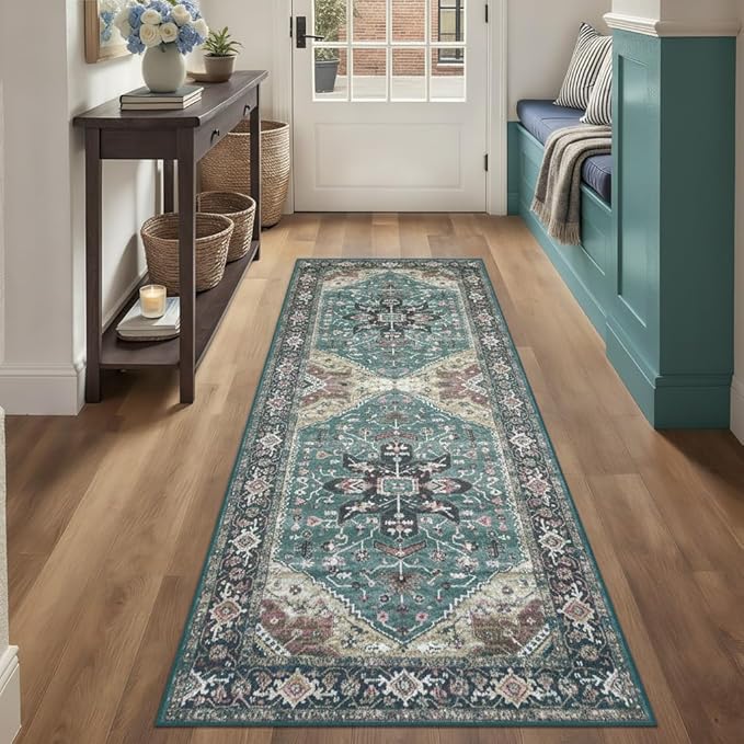 Enkor Runner Rugs for Hallway, 2x6 Washable Soft Boho Non Slip Floor Rugs for Kitchen, Modern Mat for Living Room Bedroom Entryway Purple & Green