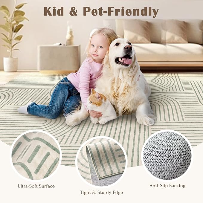 6x9 Area Rug - Large Modern Abstract Washable Non-Slip Sage Green Living Room Rug Rainbow Low-Pile Soft Floor Carpet for Bedroom Dining Room Office Nursery Home Decor