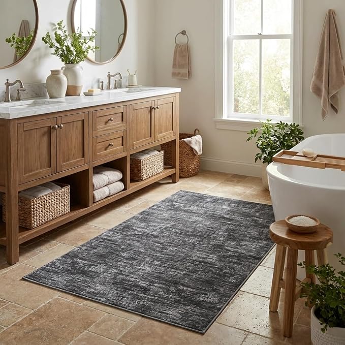 Garvee Bath Rugs for Bathroom 5x7 Rug for Entryway Indoor Machine Washable Area Rugs with Non Slip Backing, Non Shedding Stain Resistant Modern Solid Carpet for Living Room, Bedroom, Dark Grey