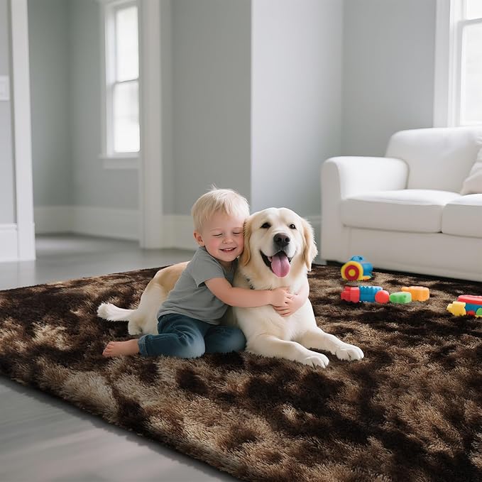 Fluffy Rug Shaggy Area Rug, Mottling Brown 6x9 Area Rugs for Living Room, Large Shag Area Rugs for Bedroom Kids Room Home Decor, Upgrade Anti-Skid Rectangular Fuzzy Rugs