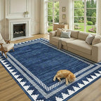 Bordered Printed 10x13 Washable Area Rugs for Living Room Modern Non Slip Foldable Soft Indoor Carpet Geometric Stain Resistant Dining Room Bedroom Large Indoor Rugs, Blue