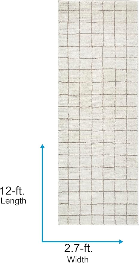 Livabliss x Our PNW Home Cascade Minimalist Grid Area Rug, 2'7" x 12', Grid Ivory/Taupe